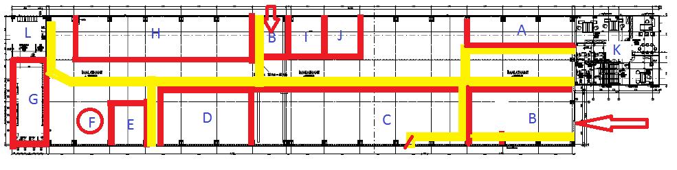 WORKSHOP LAYOUT (ATELYE YERLEŞİM PLANIMIZ) A- Test area (Test platform) B- Product entry door (Ana giriş) C- Montage and demontage area (Montaj ve demontaj hattı) D- Machines area (Makine parkı