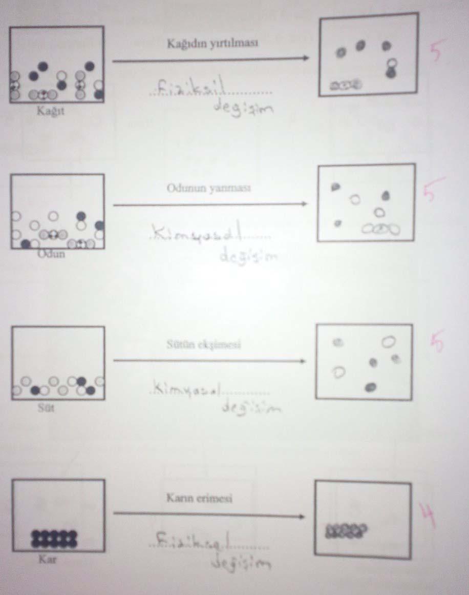 Şekil 8. Öğrenci (6. sınıf) cevabı örneği 8 Şekil 8 incelendiğinde; öğrencinin fiziksel değişim konusunda seviye 4 ve 5 te yer alırken, kimyasal değişim konusunda seviye 5 te yer aldığı görülmektedir.