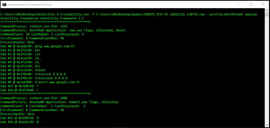 Komut Satırı Geçmişi cmdscan yada consoles volatility.