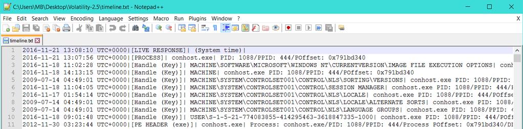 Zaman Çizgisi Oluşturma- timeliner ; volatility.exe -f C:\Users\MB\Desktop\memory\MUMIN_TEST-PC-20161121-130756.raw --profile=win7sp1x64 timeliner -- output-file=timeline.