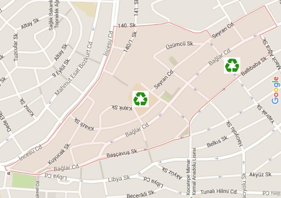 74 Şekil 5.2. Seyranbağları Mahallesi ambalaj atık kumbara/konteyner yeri (7. İnternet, 2016) Zafertepe Mahallesi, 2 964 nüfusu ile Çankaya ilçesi mahallelerindendir.