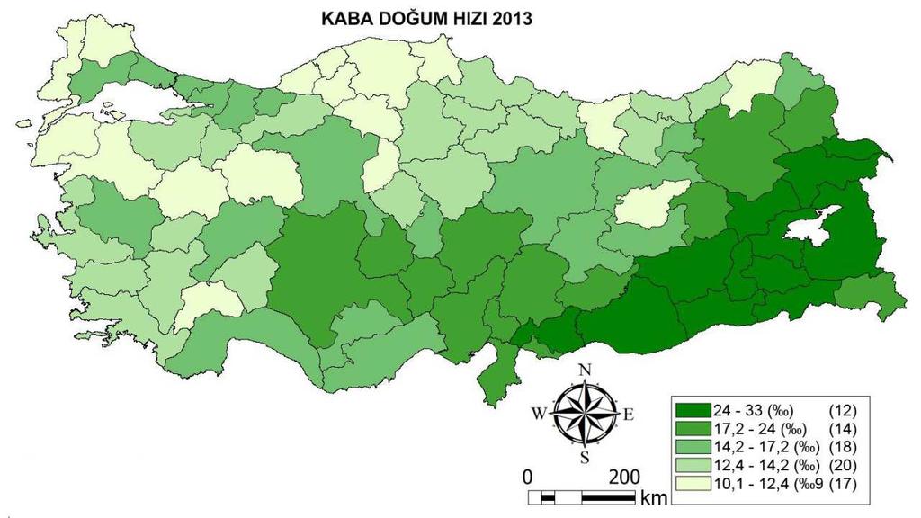 Şekil 9. 2000 Yılı Kaba Doğum Hızı Türkiye'nin 2013 yılı kaba doğum hızı 16.9'dur. 17 il 10.1-12.4, 20 il 12.4-14.2, 18 il 14.2-17.2, 14 il 17.