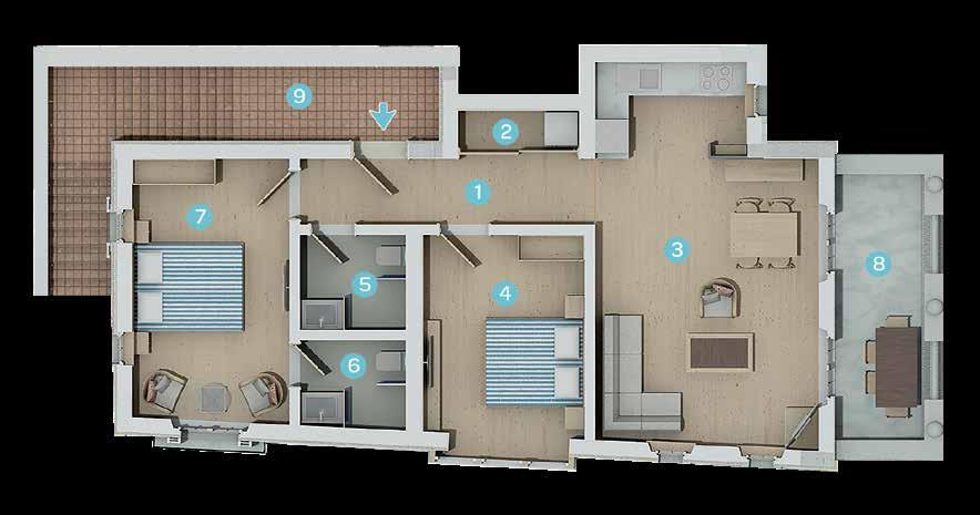 7 NO LU EV 2+1 Düz 1. Hol 6,28m 2 2. Vestiyer/Çamaşır: 1,84 m 2 3. Salon Mutfak: 25,58 m 2 4. Yatak Odası: 11,53 m 2 5. Banyo: 3,26 m 2 6. Ebeveyn Banyosu: 3,01 m 2 7.