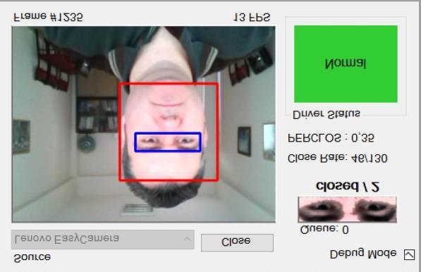 Kamera seçimi Hata ayıklama çalışması Canlı video görüntüsü, bulunan yüz ve göz görüntüleri ile çerçeve sayısı ve FPS değeri Kuyruktaki görüntü sayısı, sınıflandırılan görüntü ve sınıflandırma sonucu