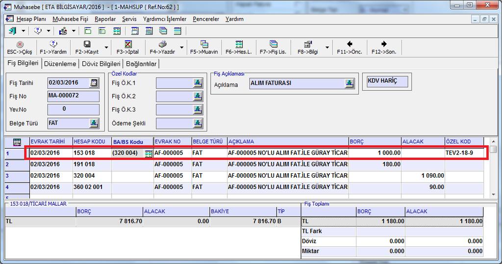4. Muhasebe Fişi Giriş Şekli Katma Değer Vergisi kesintisi yapılacaklara ait bildirim ekranına veriler muhasebe fişlerinden getirilecek ise; Muhasebe fişinde, BA/BS kodu bölümüne ilgili hesabın kodu,