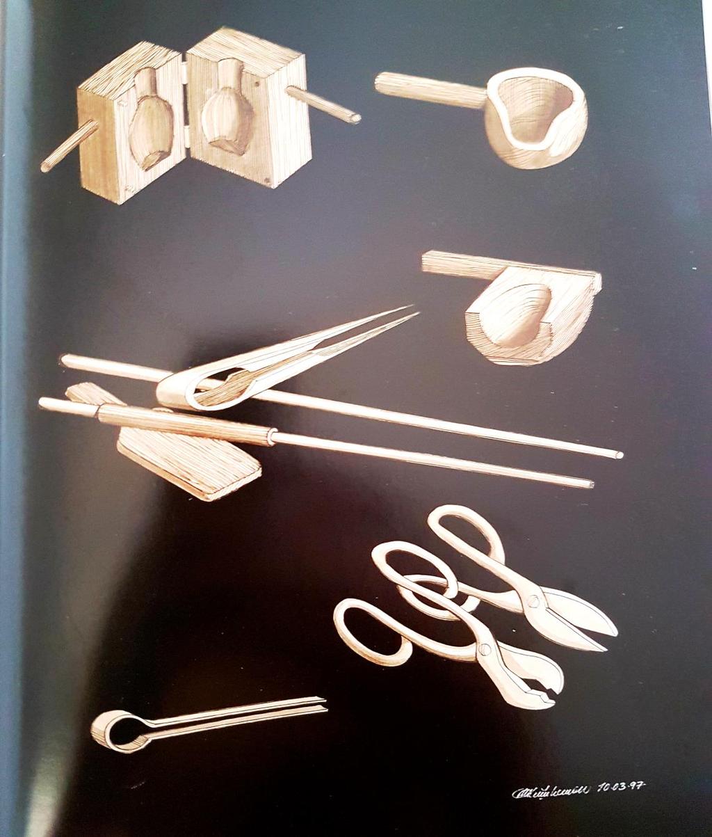 Resim 3.6. Beykoz işi cam kimliğini taşıyan ürünlerin yapıldığı yıllarda kullanılan geleneksel camcılık aletleri (Küçükerman, 2002, s. 119