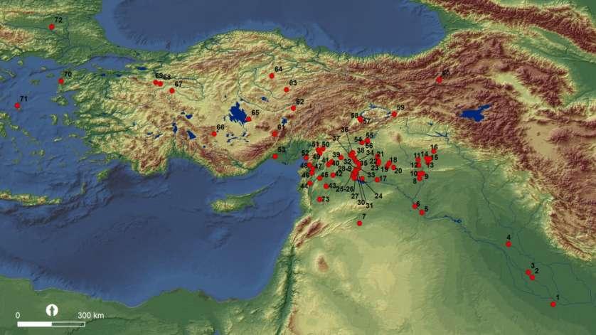 Harita 5: Suriye şişelerinin görüldüğü merkezler (Kontani 1995:Harita 2 ve Rahmstorf 2006:Harita 5 e dayanılarak hazırlanmış ve güncel hale getirilmiştir).