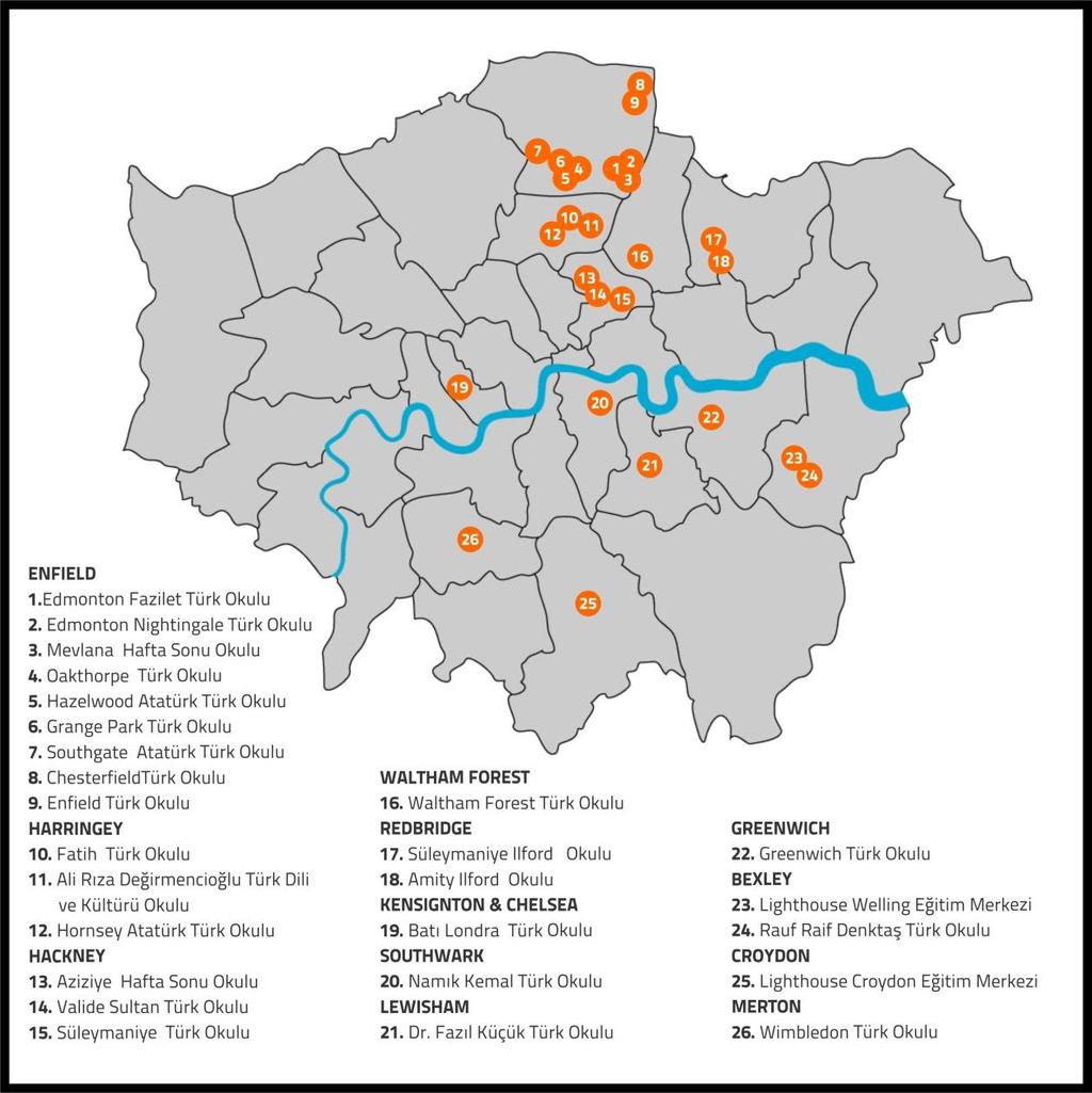 Okulların Londra daki ilçe ölçeğinde dağılımına baktığımız zaman yine aynı nüfus dağılımı ile paralellik göstermektedir.