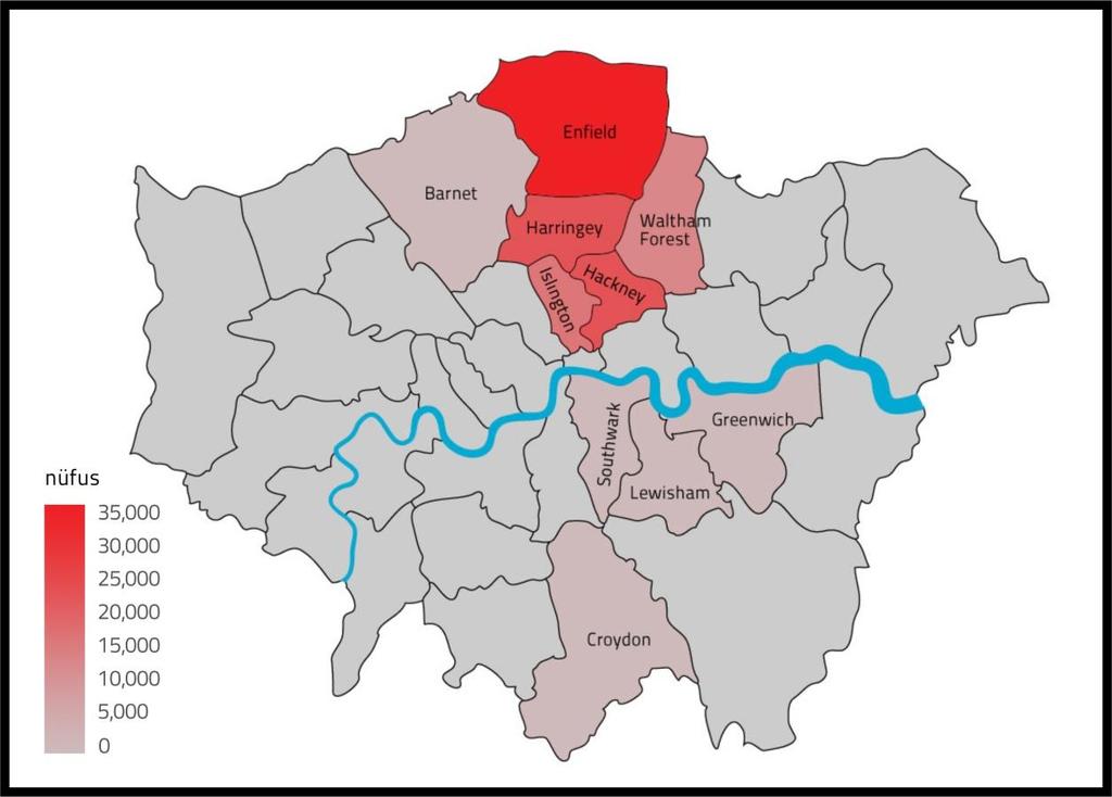 Harita 1: Londra da Türk Nüfusunun Yoğun Olduğu Yerler 2011 yılı nüfus sayımına göre Londra da Kıbrıslıların sayısı 40,931 dir. Bu sayı 2001 yılı nüfus sayımında yaklaşık 44 bindir.