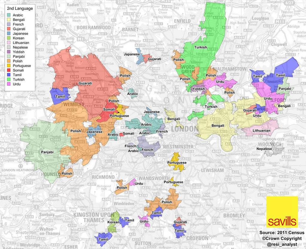 Harita 2: Londra da Konuşulan İkinci Dillerin Dağılımı (Savilss, 2011) Londra daki Türklerin mekânsal dağılımını ele almanın bir diğer yolu da Türkçe konuşulan yerlerin dağılımına bakmaktır.