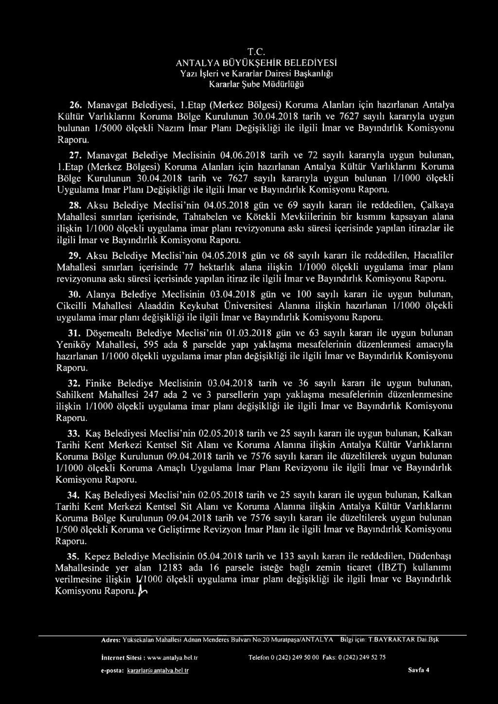 2018 tarih ve 72 sayılı kararıyla uygun bulunan, l.etap (Merkez Bölgesi) Koruma Alanları için hazırlanan Antalya Kültür Varlıklarını Koruma Bölge Kurulunun 30.04.