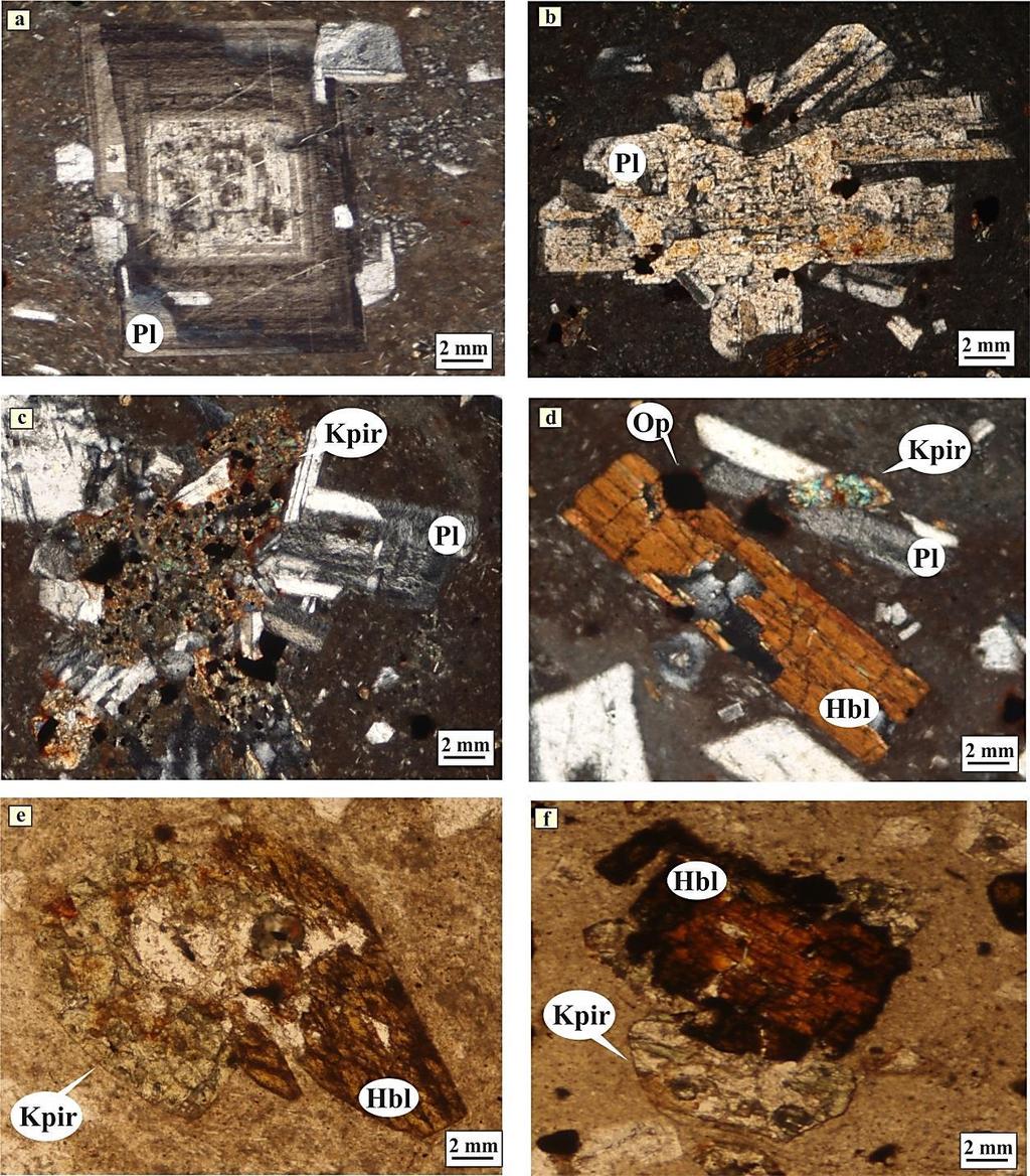 Şekil 7.9: Bozaniç volkanitlerine ait kayaçları oluşturan minerallerde gözlenen glemerofirik (b, c), opaklaşma (f) ve birlikte büyüme (a, d, e) dokuları, (a,b,c,d=ç.n.; e,f=t.