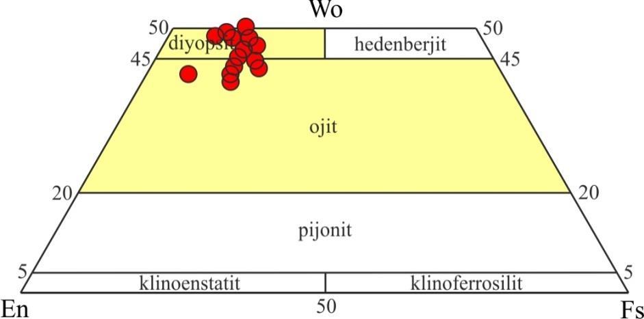 Şekil 4.3: Bozaniç volkanitlerindeki klinopiroksenlerin Wo-En-Fs üçgen diyagramı (Morimoto vd. 1988). 4.4 Biyotit Bozaniç volkanitlerine ait biyotitler, % 70-81 flogopit ve % 19-30 annit bileşimlidir.