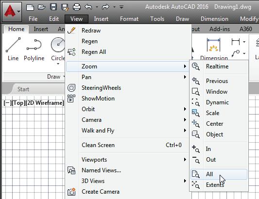 [View] [Zoom] [All] The Zoom All command will adjust the display so that all objects in the drawing are displayed