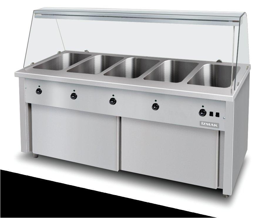 Benmari Bain Marie Tamamı paslanmaz çelik Her küvete ayrı termostatlı ısı kontrolü Silikon rezistans ile ısıtma Tüm benmariler 150 mm derinliğindeki GN küvetlere uygun Modeller 2,3,4,5 x GN 1/1 küvet