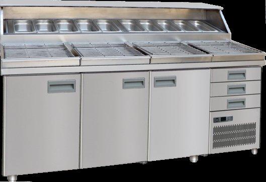 Buzdolaplı Pizza Hazırlık Masaları Refrigerated Pizza Preparation Tables Dijital termometre,termostat ve otomatik çözünme Fanlı soğutma sistemi İç ve dışı tamamen paslanmaz çelik GN küvetler ayrı