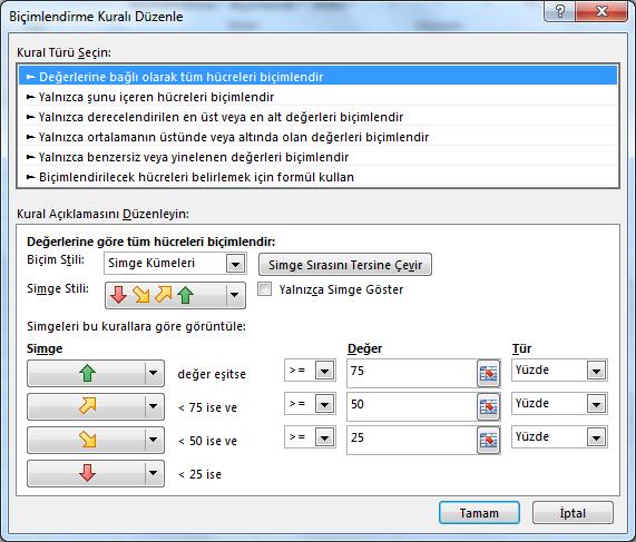 6- Kuralları Yönet: Seçili hücrelerde bulunan değerlerin Büyüklüğüne göre olayları ayarlamak İçin kullanılan bölümdür