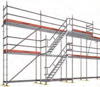 Şek. 107 Bağımsız olarak duran rampa-tipi merdiven kulesi Yüzeyin yeterli yük taşıma kapasitesine sahip olup olmadığını kontrol edin ve uygun yük-dağıtıcı temelleri yerleştirin. 1. Cephe iskelelerindeki rampa-tipi merdiven erişimi ile aynı şekilde monte edin, ama 4 dikey kiriş kullanın.