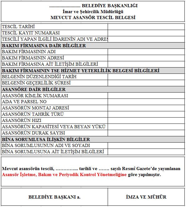 Yeni asansörler, kullanıma sunulduğu tarih itibariyle yeşil etiket aldıktan sonra monte eden firma tarafından,