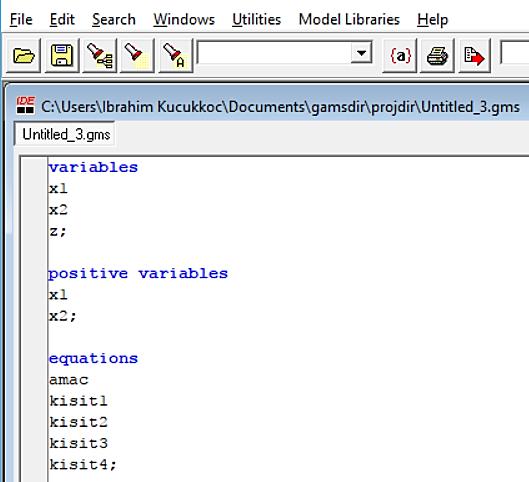 GAMS Örnek 1 Daha sonra amaç fonksiyonu ve kısıtları tanımlarız.