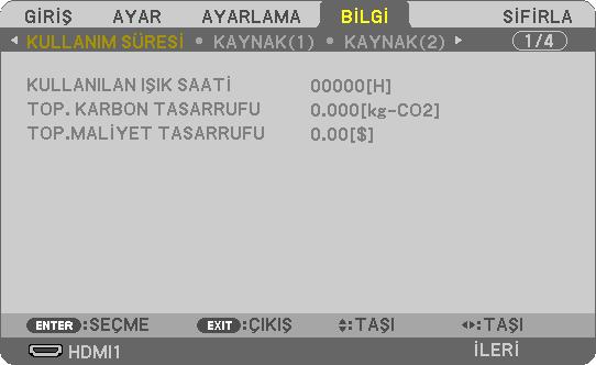 4. Ekran Menüsü Kullanılması 4-6. Menü Açıklamaları ve Fonksiyonlar [BİLGİ] Geçerli sinyal ve ışık modülü kullanımı durumunu görüntüler. Bu bölümde dokuz sayfa vardır.