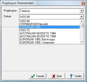 Bu pencereden projeksiyon seçilir. Ornek [UTM] Universal Transver Merkator 3 o. Daha sonra Datum seçeneğinden datum seçimi yapılır.