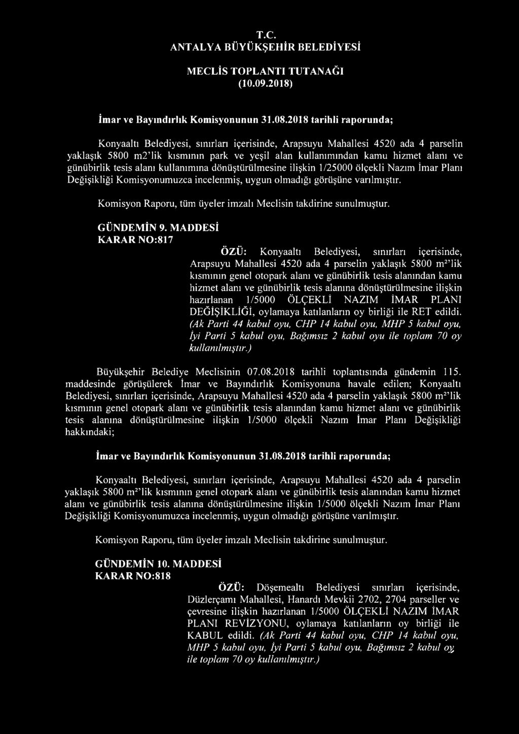 günübirlik tesis alanı kullanımına dönüştürülmesine ilişkin 1/25000 ölçekli Nazım îmar Planı Değişikliği Komisyonumuzca incelenmiş, uygun olmadığı görüşüne varılmıştır.