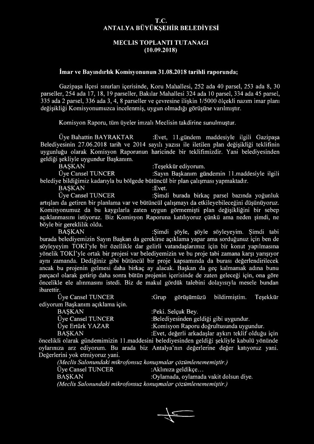 parsel, 335 ada 2 parsel, 336 ada 3, 4, 8 parseller ve çevresine ilişkin 1/5000 ölçekli nazım imar planı değişikliği Komisyonumuzca incelenmiş, uygun olmadığı görüşüne varılmıştır.