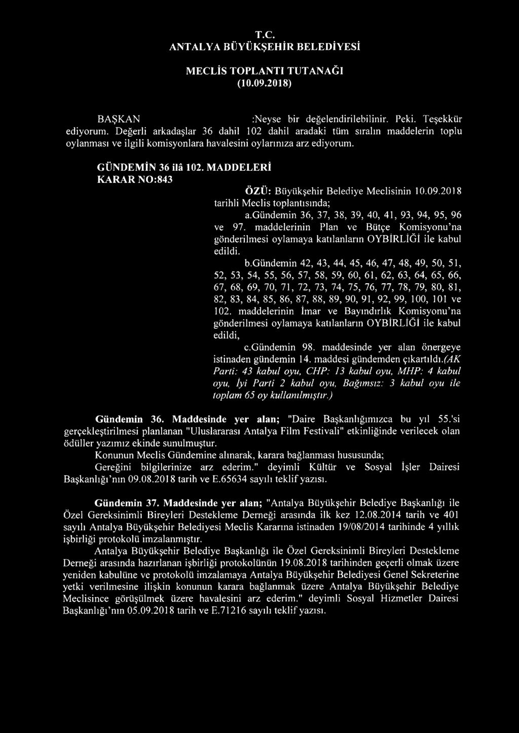 MADDELERİ KARAR NO:843 ÖZÜ: Büyükşehir Belediye Meclisinin 10.09.2018 tarihli Meclis toplantısında; a.gündemin 36, 37, 38, 39, 40, 41, 93, 94, 95, 96 ve 97.