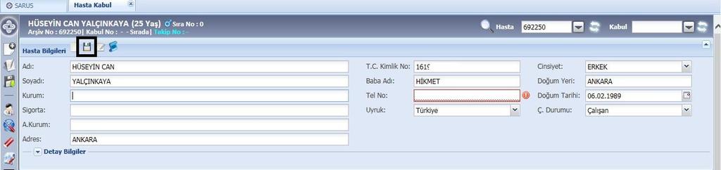 Yapmanız gerek ise hastanın kurum bilgilerini telefon numarasını ve çalışma durumu alanlarını manuel olarak doldurmanız gerekmektedir.