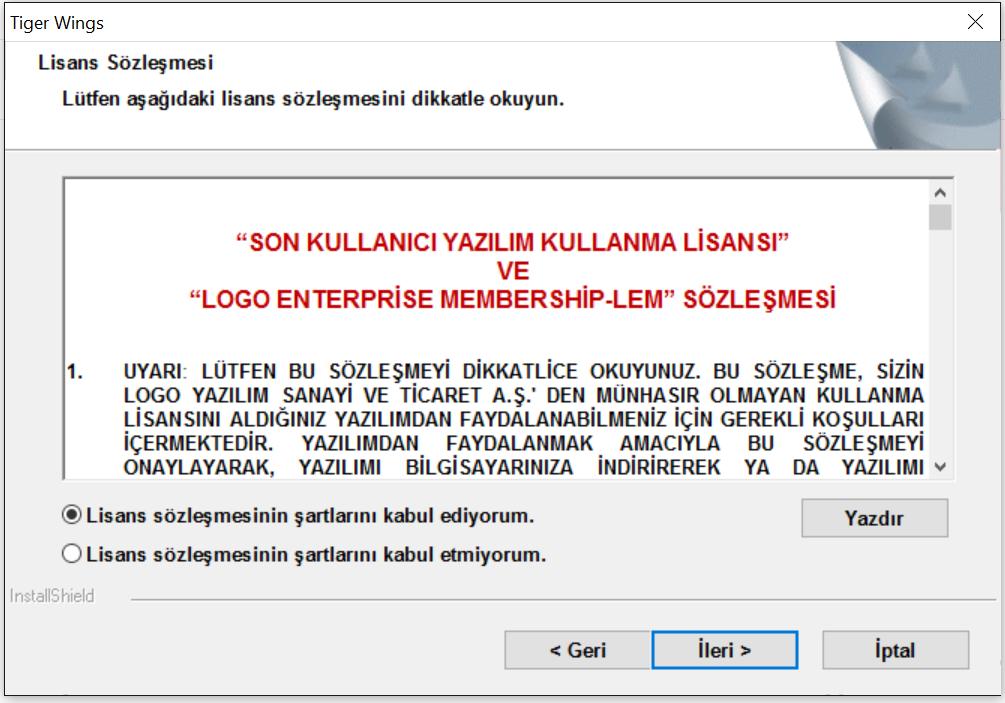 Kurulum türü seçilip ileri tuşuna tıklandıktan sonra, lisans sözleşmesinin şartlarını