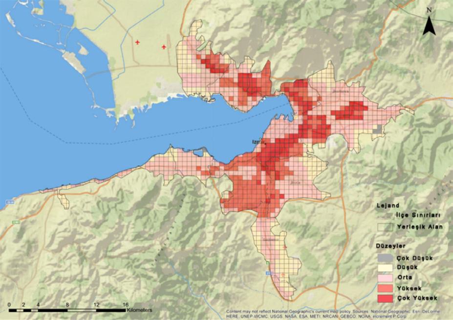 Son olarak ise, İzmir kentinde mekânsal açıdan risk taşıyan bölgeler incelendiğinde (Şekil 6); her ne kadar kentlerin fiziksel ve coğrafi özelliklerinin kentlerin iklim değişikliğine bağlı olarak