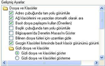 klasörlere uygulanmasını belirtmek amacıyla kullanılmaktadır. Tüm klasörleri sıfırla düğmesi ise bütün klasörlerin ayarlarını ilk haline döndürmek amacıyla kullanılmaktadır.