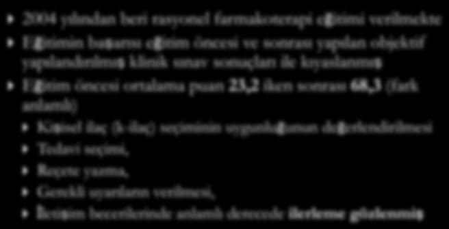 2004 yılından beri rasyonel farmakoterapi eğitimi verilmekte Eğitimin ba arısı eğitim öncesi ve sonrası