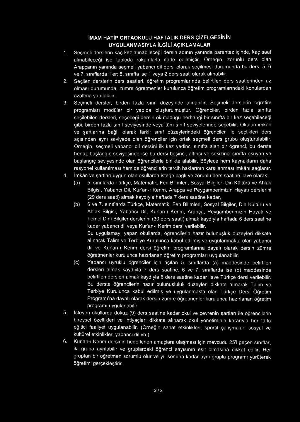 Örneğin, zorunlu ders olan Arapçanın yanında seçmeli yabancı dil dersi olarak seçilmesi durumunda bu ders, 5, 6 ve 7. sınıflarda 1 er; 8. sınıfta ise 1 veya 2 