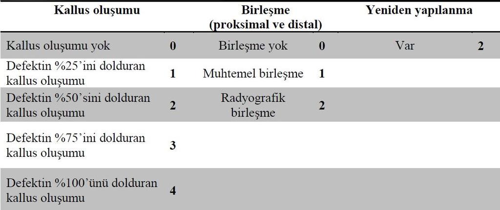 Tablo 3.5: Modifiye Lane ve Sandru skorlama sistemi 3.7 Laboratuvar değerlendirmesi Tüm hayvanların böbrek fonksiyon testleri ve kemik iyileşmesi parametrelerinin bakılmasına yönelik 0, 3, 6 ve 12.