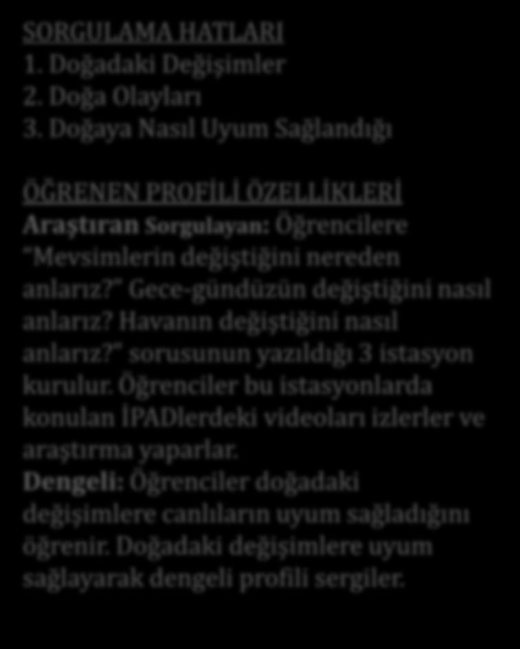 Gece-gündüzün değiştiğini nasıl anlarız? Havanın değiştiğini nasıl anlarız? sorusunun yazıldığı 3 istasyon kurulur.