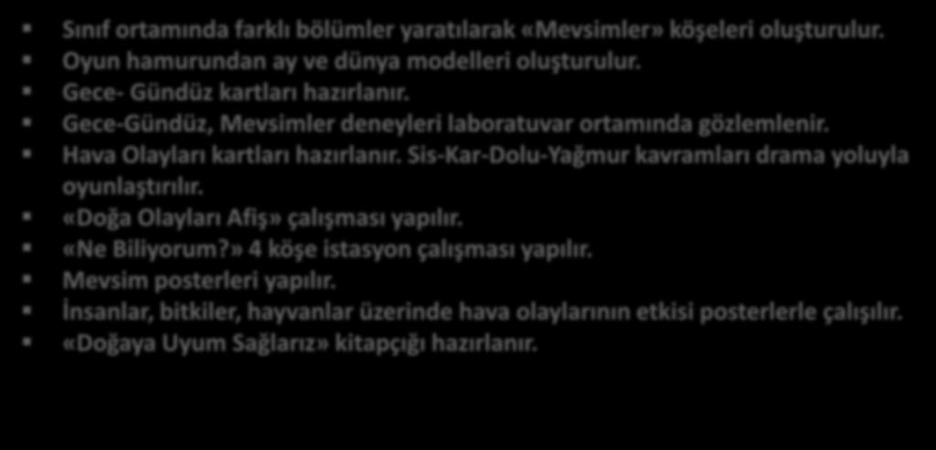 Sis-Kar-Dolu-Yağmur kavramları drama yoluyla oyunlaştırılır. «Doğa Olayları Afiş» çalışması yapılır. «Ne Biliyorum?