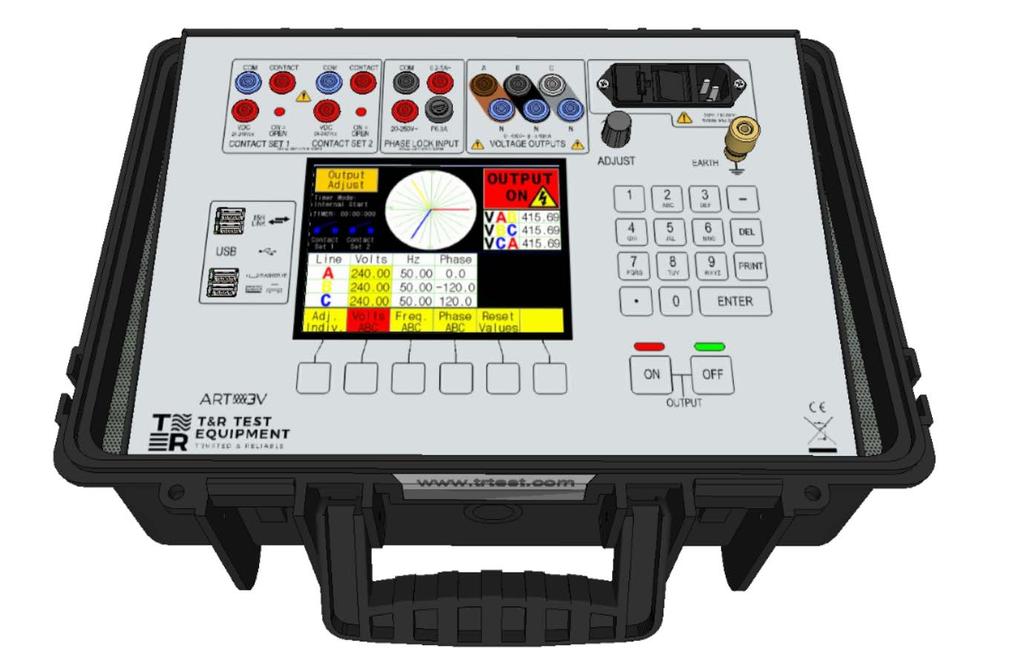 ART3V Röle Test Cihazı Teknik Özellikler Ana çıkış Gerilim 0-450 Vac faz-nötr Akım (sürekli) Gerilim çözünürlüğü 40mA - 450 V 0.01 V faz-nötr Gerilim doğruluğu ±0.