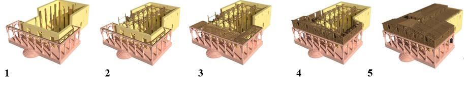 Yapının ahşap yapım tekniğini ve inşa ediliş sürecini anlatan 3 boyutlu model çizimler: 1.