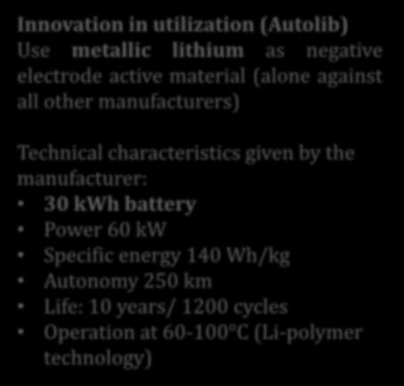 Enerji Sistemleri - Örnekler Bolloré Blue car Innovation in utilization (Autolib) Use metallic lithium as negative