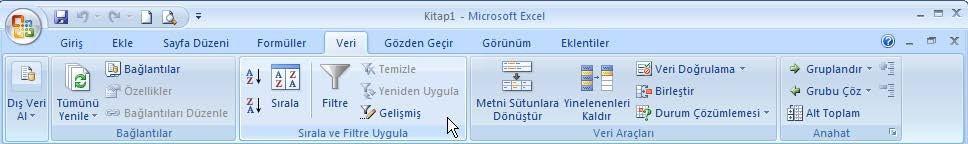 Veri: Veri sekmesinde Excel in sık kullanılan alt toplam, doğrulama, dış veri, hedef ara ve senaryolar gibi veri analiz etme araçları bulunur.