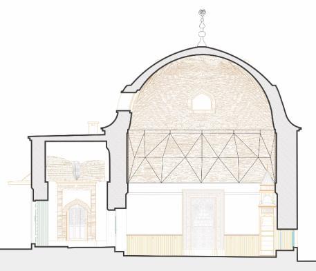 Beyhekim Mescidi Mevcut Kesiti (Vakıflar Bölge Müdürlüğü arşivinden şematize edilmiştir) Beyhekim Mescidi nin minaresi diğer minarelerden farklı olarak ahşap ezanlık olarak özgün şemada yer almıştır.