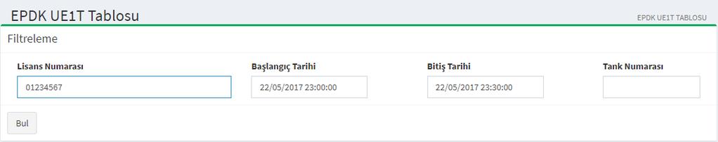 -6 A5 tablosuna ait kayıtlar istasyon lisans numarası, başlangıç ve bitiş tarihi girilerek sorgulanır. Sorgulama sonucunda A5 tablosuna ait kayıt örneği aşağıdaki gibidir.