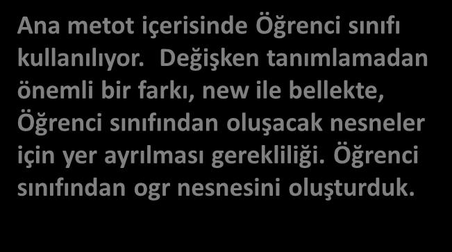 Nesne Oluşturuluyor class Program Ana metot içerisinde Öğrenci sınıfı kullanılıyor.