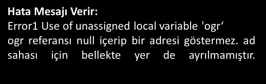 Main(string[] args) Öğrenci ogr; ogr.ad = "Ali"; ogr / New ile bellekte yer ayrılmadı!