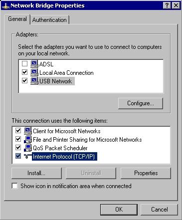 Network Bridge Properties Köprülemeye Adapters Köprülenmiş TCP/IP'yi seçip ağ dahil bağlantıları olan Properties ağ