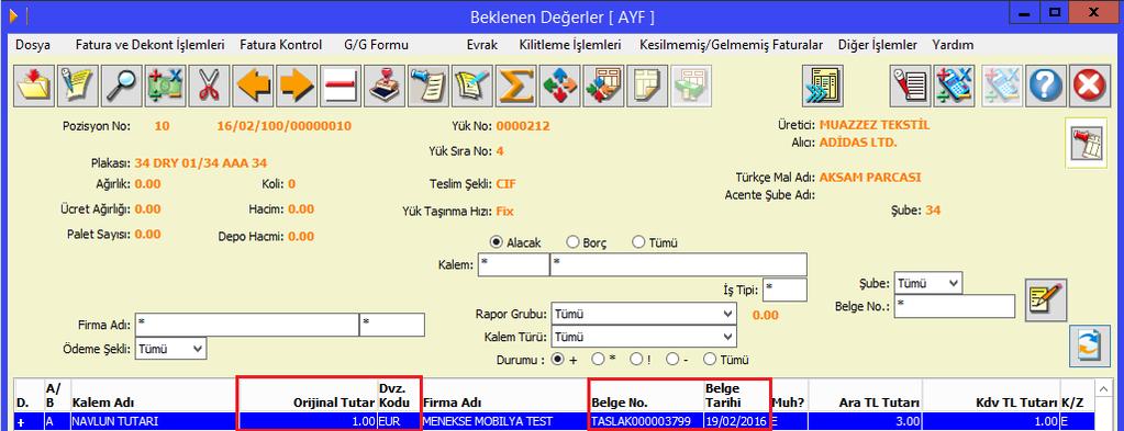 Uluslararası Karayolu Taşımacılığı Uygulamasında, Genel Yük Listesi Basılacak Alanlara Gelir Navlunu Fatura Numarası, Gelir