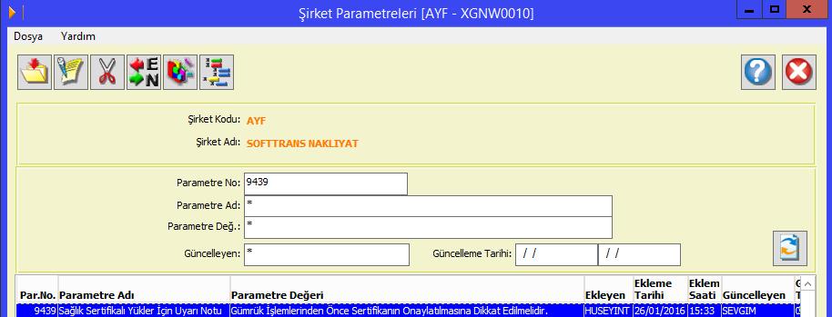 9439 numaralı parametre değerine görmek istenen uyarı mesajı yazılmalıdır.