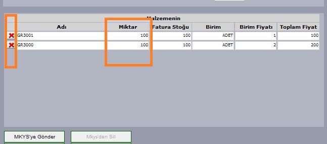 Malzeme bilgileri alanından miktarları değiştirilebilir veya istenmeyen malzeme silinebilir. c.